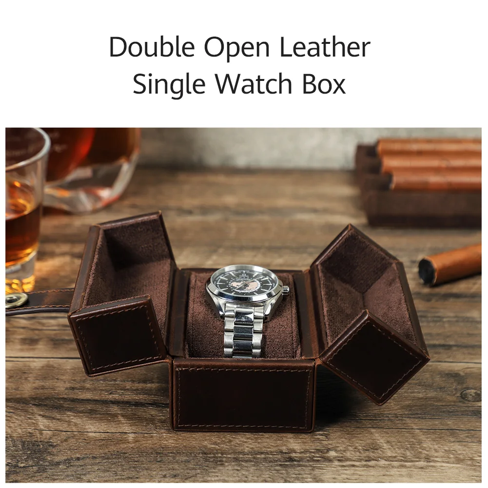 CONTACT\'S FAMILY Retro Cowhide Leather Luxury Single Slot Storage Case HandmadeTravel Portablel Watch Holder with Pillow