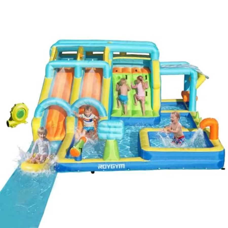 

Inflatable Water Slide for:Backyard Water Park with Dual Slides, 16.4ft Long PVC Slide, Blue/Red, Heavy-Duty Vinyl, Quick-Infla