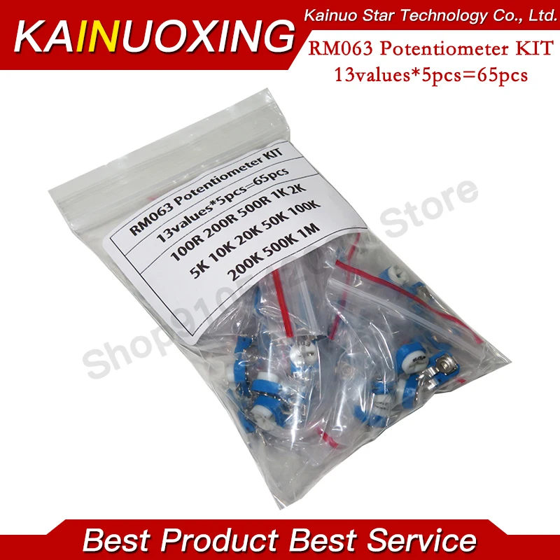65PCS/Set RM063 Trimmer Potentiometer Adjustable Resistor Kits 500R ohm,1K 5K 10K 20K 50K 100K 200K 500K 1M Ω Variable Resistors