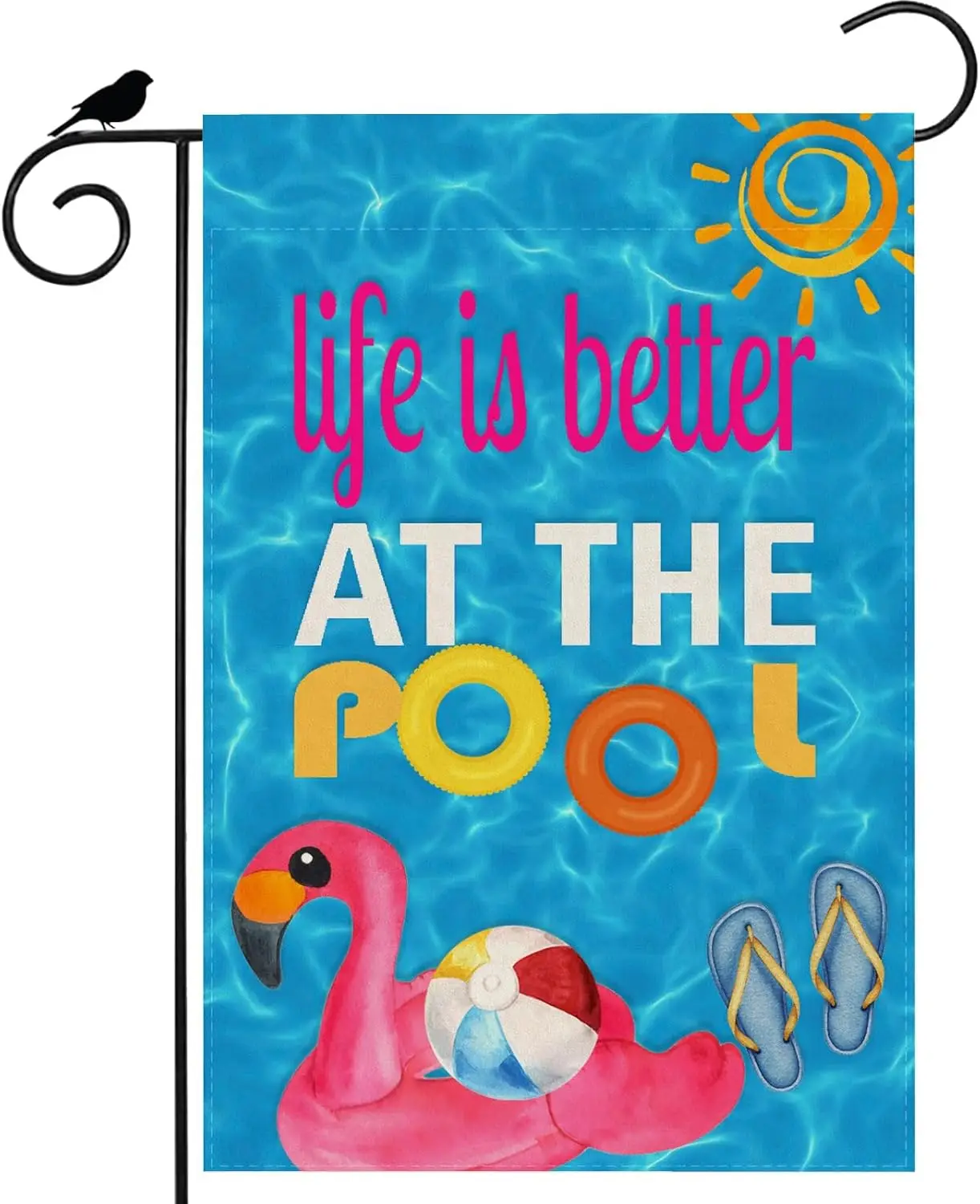 La Vida Es Mejor en la Piscina, Anillo de Natación con Forma de Flamenco, Chanclas, Bandera de Jardín de Verano, Bandera de Patio de 12x18 Pulgadas, Pequeña, de Doble Cara, Mini EEL