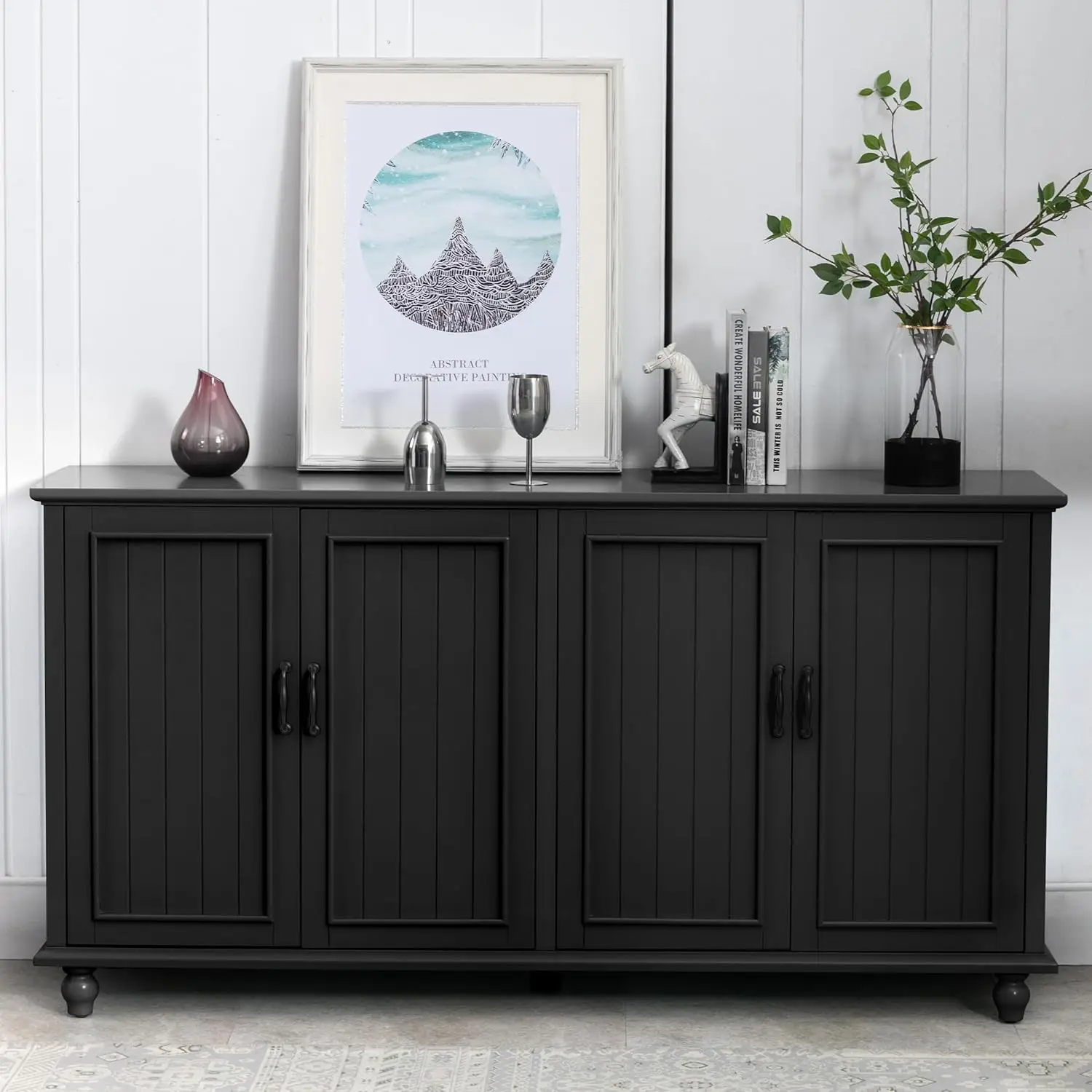 Cabinet Kitchen Buffet Storage Cabinet, Sideboard Buffet Cabinet for Dinning Room, Kitchen & Living Room (4 Doors, Black)