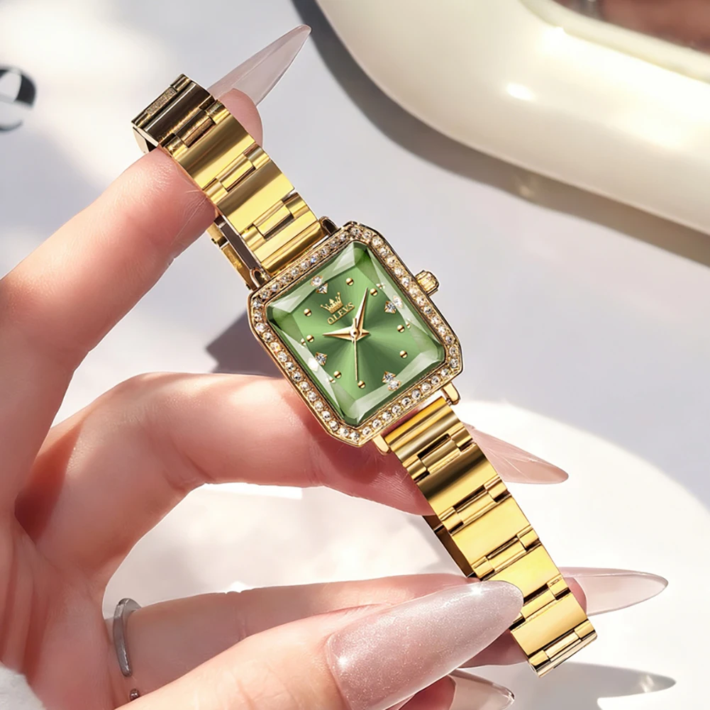 Fashion Small Square Green Dial Women Wristwatch OLEVS Brand Full Gold Band Rhinestone Diamond Lady Watch Luxury Jewelry Gift