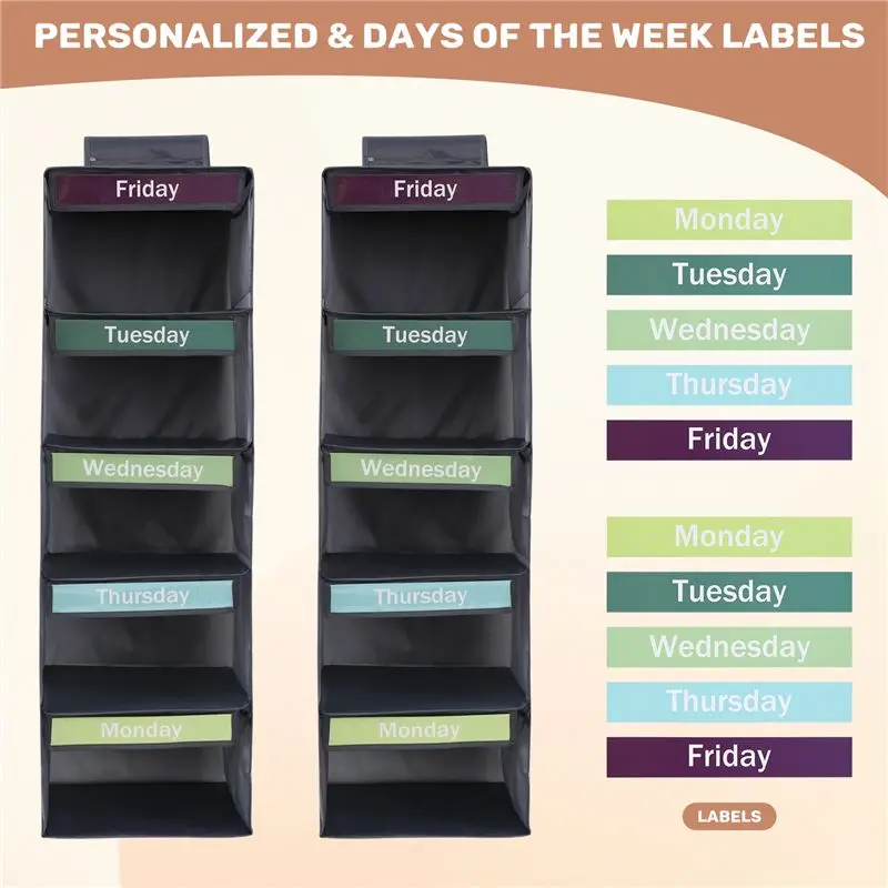 AT21-Visual Label 5-Shelf 2Pcs Weekly Clothes Organizer For Kids, Hanging Closet Organizer Monday To Friday