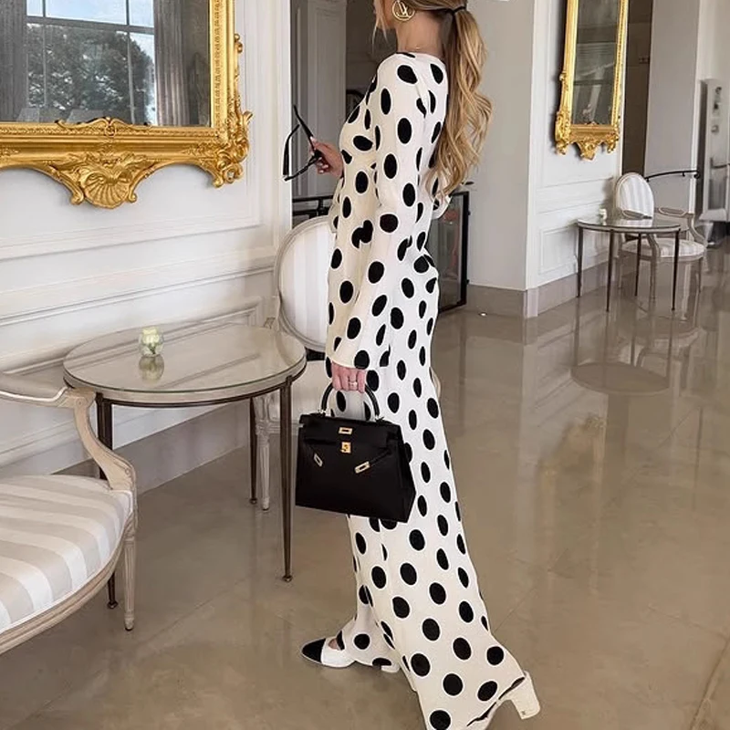 

Женское элегантное модное платье OMSJ для свиданий и вечеринок, с принтом в горошек, контрастными цветами, длинными рукавами и круглым вырезом, весна 2026, новинка