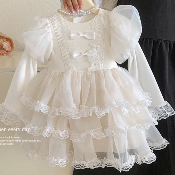 

Girls Skirt 2025 Autumn Winter New Childrens Clothing Korean Style Girls Baby Long Sleeve Puffy Princess Gauze Skirt Simple