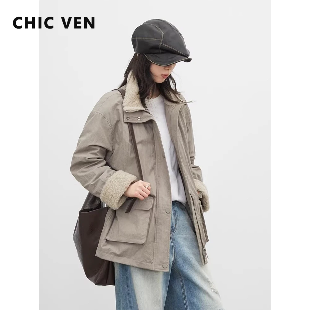 CHIC VEN Fashion Women Down Coats Solid Loose Casual Ladies Spliced Plush 90 White Duck Down Jacket Autumn Winter 2026 Clothes