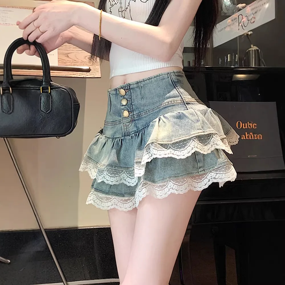 Cowboy Skirt Women's Summer Ballet Style Skirt Folded Flower Bud Pants Skirt Lace A-line Umbrella Skirt