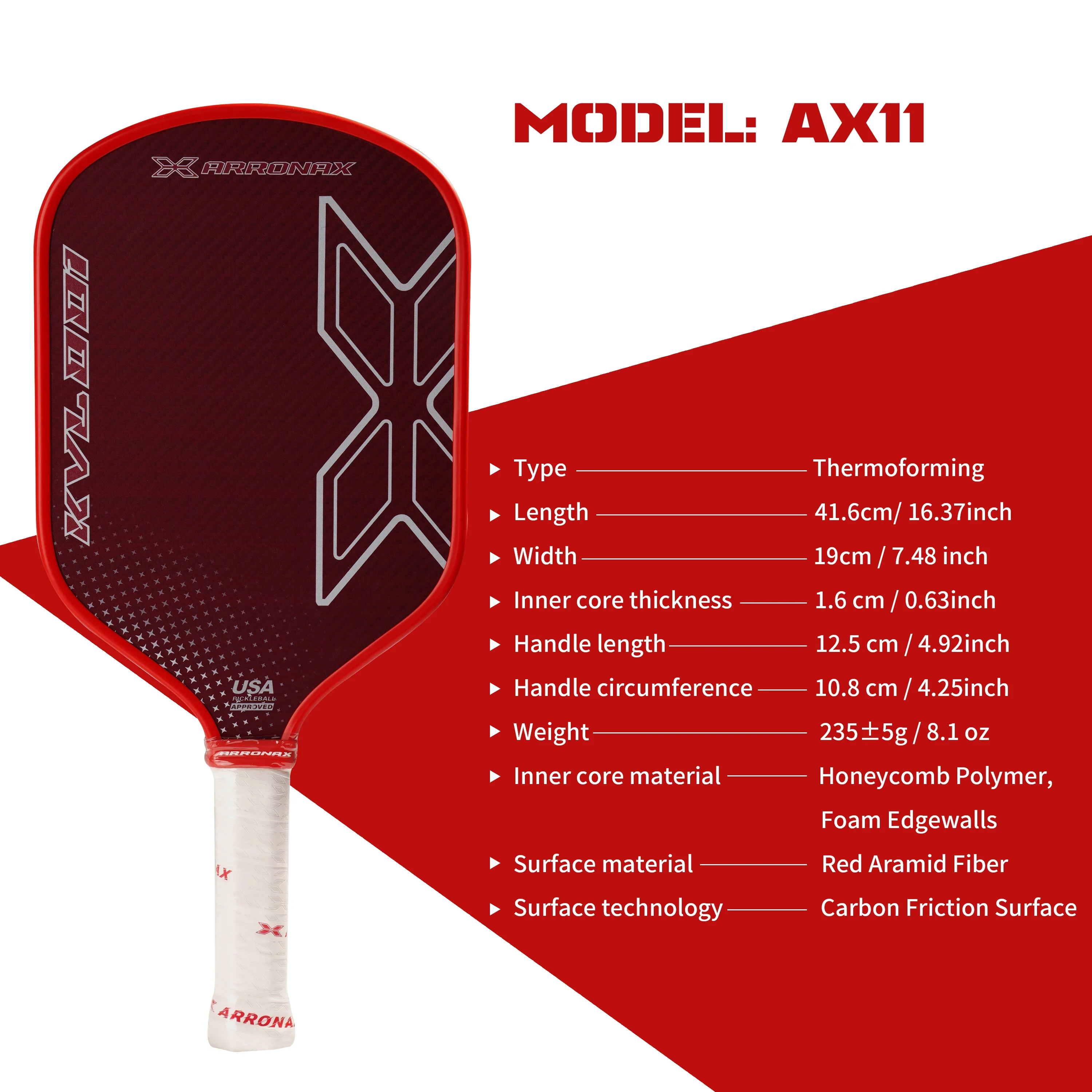 

ARRONAX Thermoformed Pickleball Paddle Raw Red Aramid Fiber Pickle Balls Racket 16MM Elongated Hybrid Foam Edge