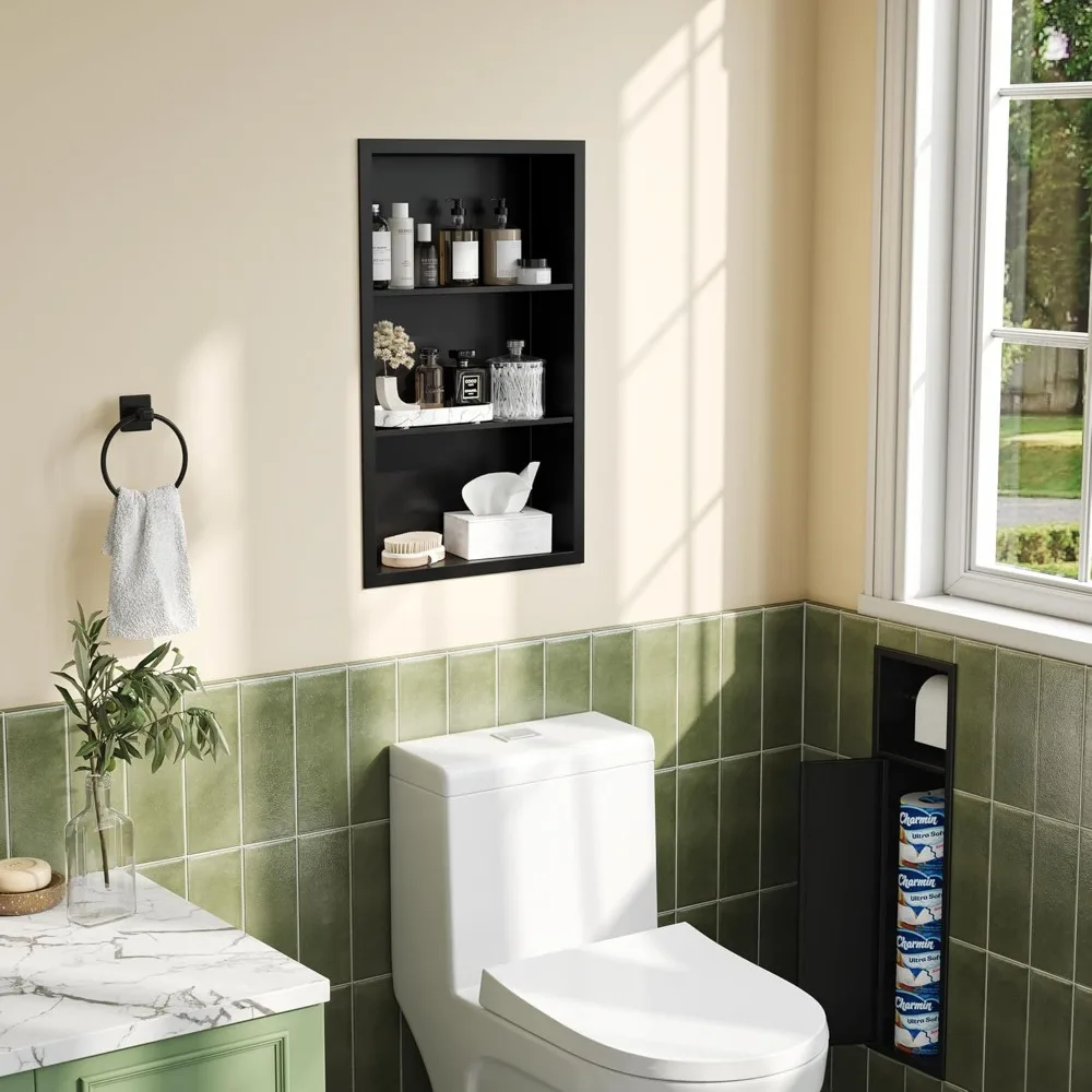 خزانة أدوية مجوفة مقاس 14 × 24 بدون مرآة، مكانة جدارية من الفولاذ المقاوم للصدأ 304 مع أرفف من 3 طبقات، أسود غير لامع للحمام الصغير