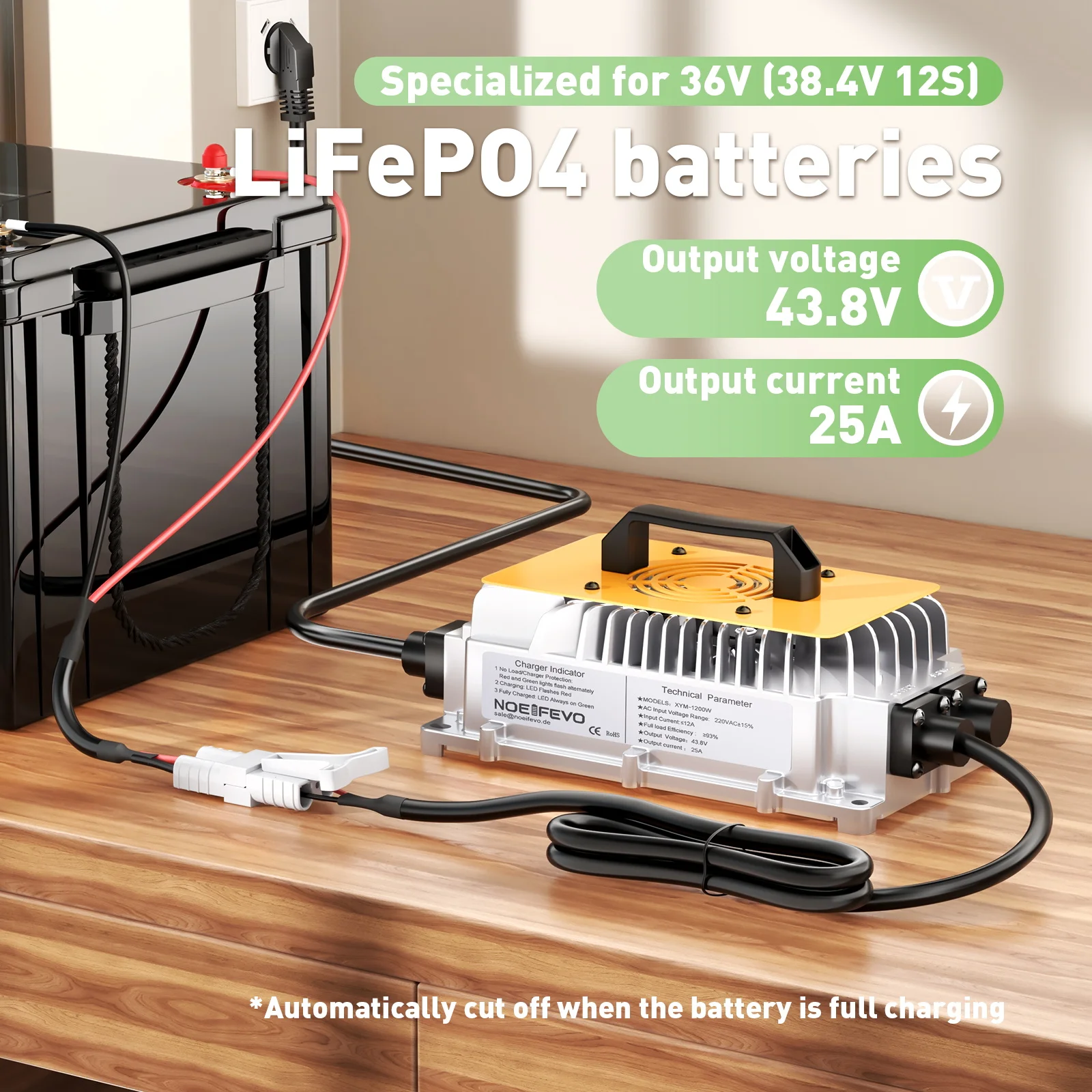 NOEIFEVO 36V 38,4V LiFePO4 Batterieladegerät, 43,8V 25A wasserdichtes Ladegerät für Golfwagen/Boot/Wohnmobil, mit vollem Schutz