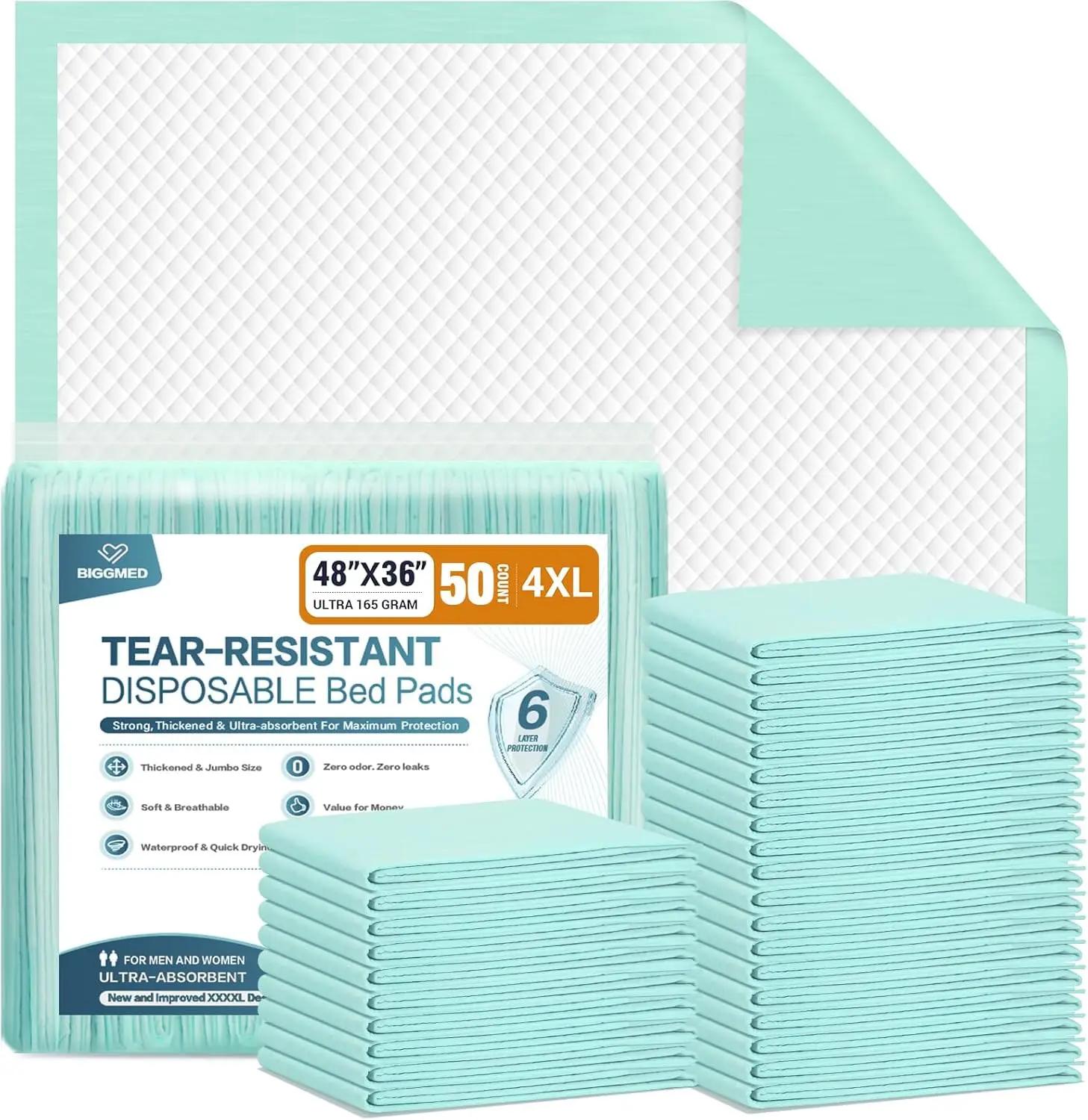

Tear-Resistant Disposable Bed Pads 48x36 Inches 50 Count Heavy Duty Absorbency for Adults Elderly Puppy Training