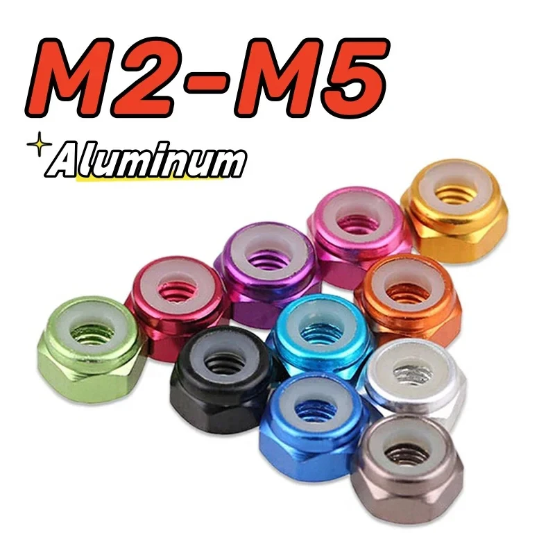 5pcs M2 M3 M4 M5 Aluminum Flange Lock Nuts / Anodized Colored Nylon Insert Hex Nuts - Lightweight Anti-Vibration Fasteners