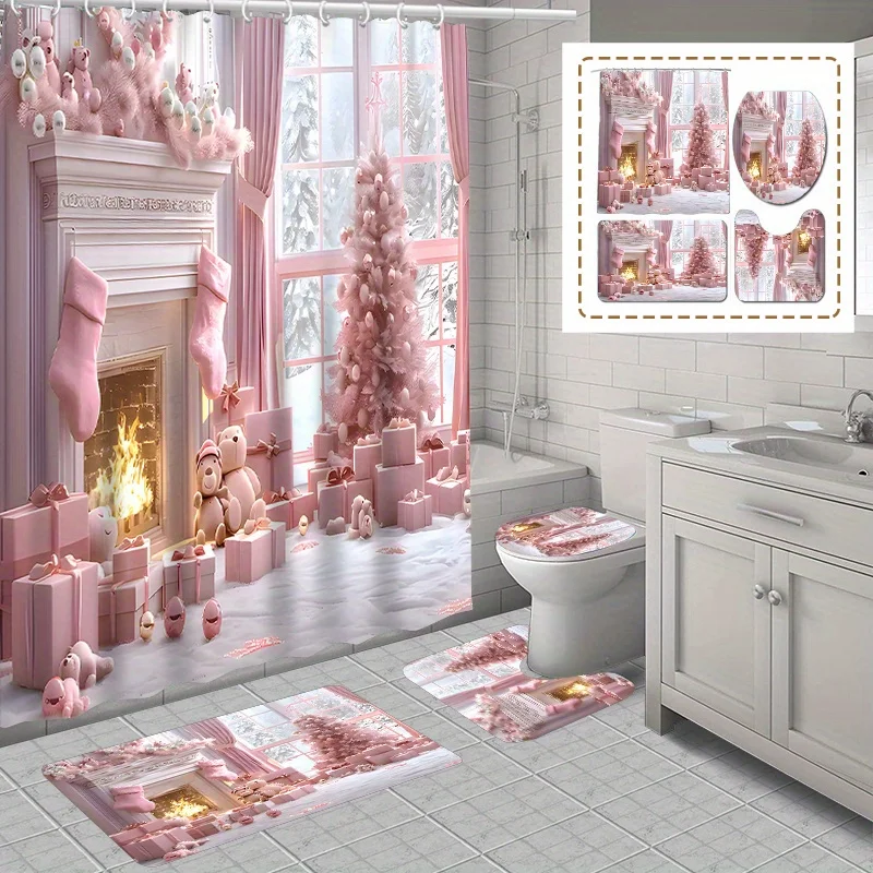 4pcs Christmas Home Decor Waterproof Shower Curtain Sets with 12 Hooks Toilet Seat Cover Bathroom Mat Non-Slip Rug Carpet Po