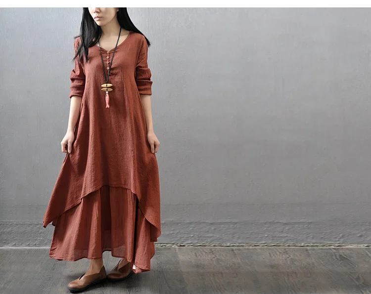 Maternity Dresses Fake Two-piece Pregnancy Dress Literary Linen Dress Maternity Clothes for Pregnant Women Loose Long-sleeved