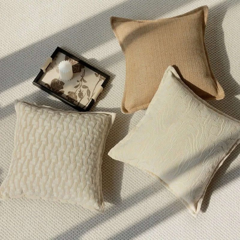 Premium Textured Cushion Covers Beige Pillow Cases with Geometric Jacquard Pattern Soft Cotton Blend for Living Room Home Decor