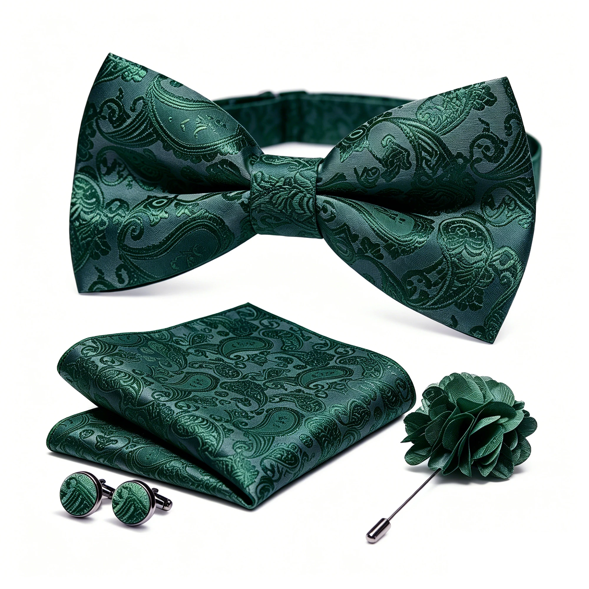 36-teiliges Set: Schwarze Seiden-Jacquard-Paisley Herrenfliege, Brosche, Einstecktuch und Manschettenknöpfe – Vorgebundene Schmetterlingsfliege für Herren, Hochzeit und Business – Detail 18