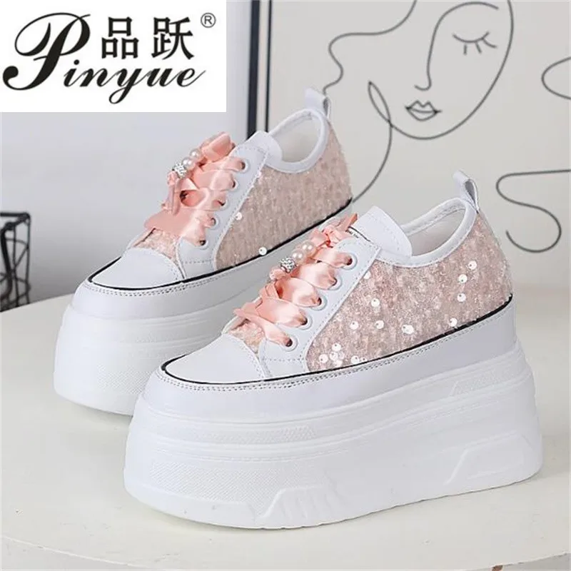 

10cm 12CM Air Mesh Synthetic Microfiber Chunky Sneaker Bling Leather Comfy High Brand Summer Platform Wedge Casual Flat Shoes