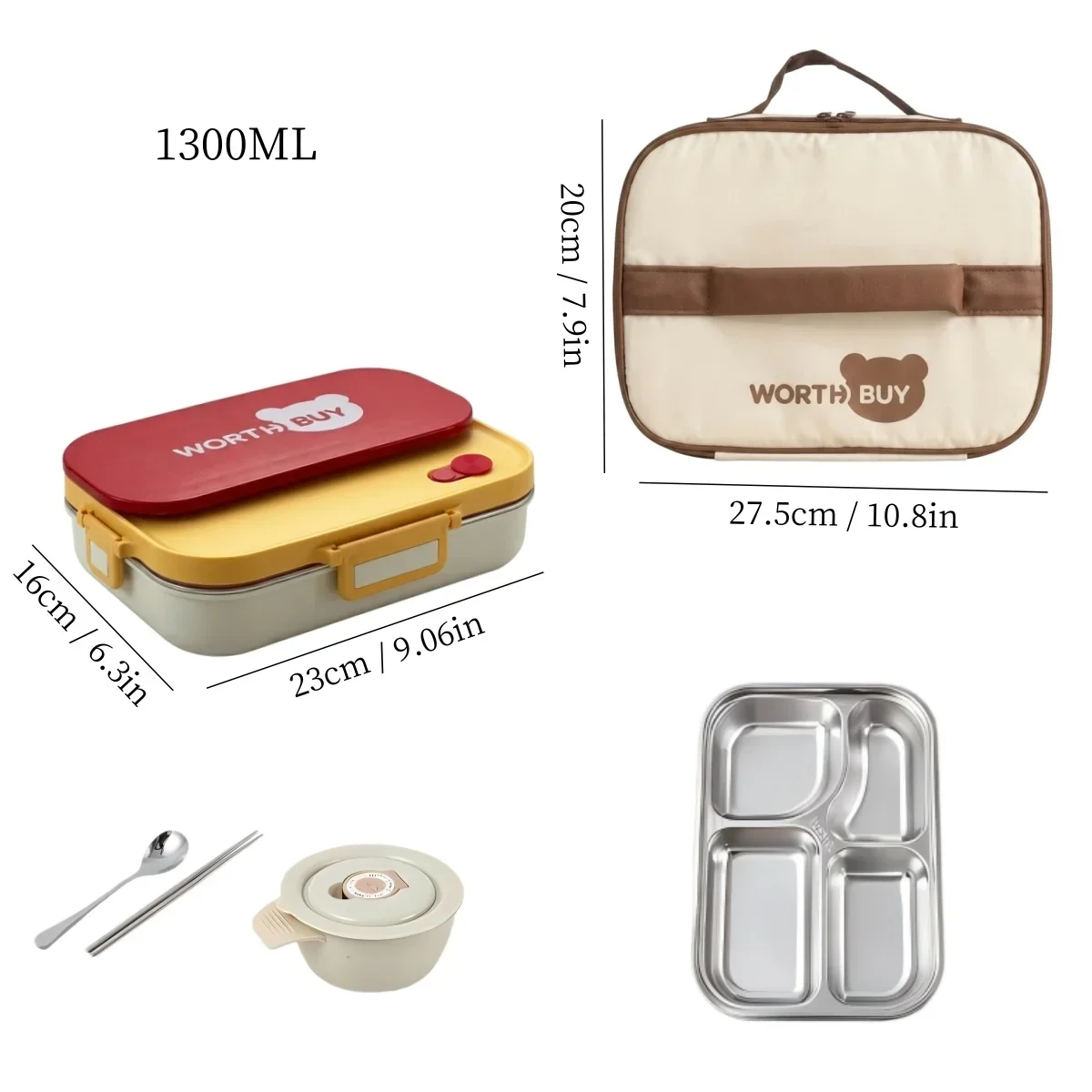 Magnetronbestendige lunchbox van 304 roestvrij staal, met vakken, lekvrije voedselcontainers, soepkom en bestek, geschikt voor kinderen en volwassenen.