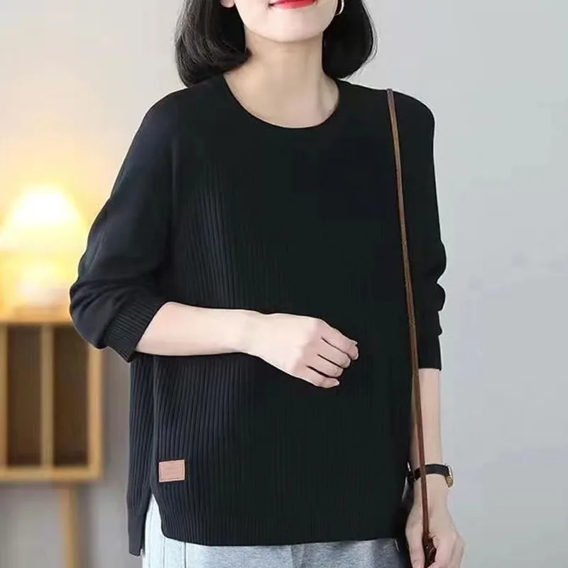 New Autumn Fashion Loose Fit Round Neck Versatile Large Split Belly Covering Solid Color Fashionable Women's Knitted Sweater