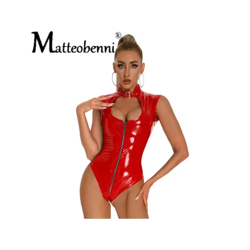 Sexy Collow out women PU Faux Leather Lingerie Budysits Latex PVC Catfollow Fetish Lingerie Ladies Erotic Open Crotch Clubwear image 6