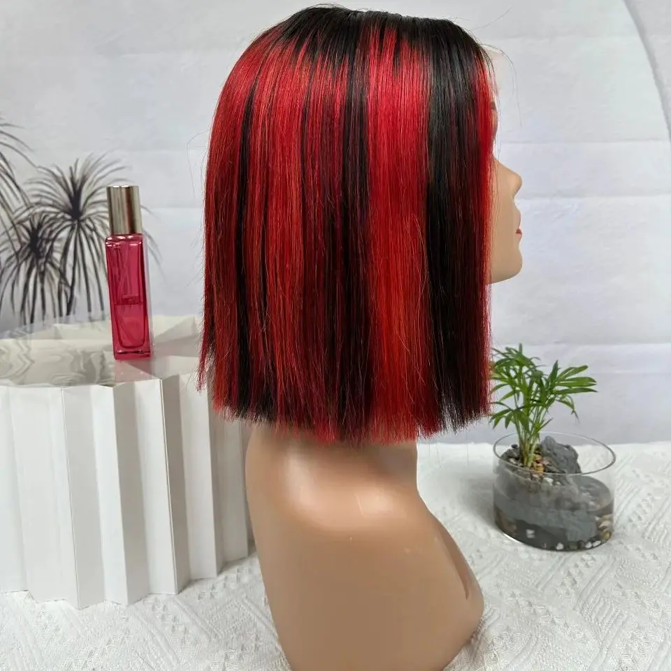 Wig rambut manusia Remy Brasil lurus warna 1B/merah Piano 10 inci dengan kepadatan 200% untuk wanita Wig Bob lurus renda depan 4x4 obral