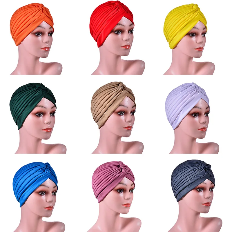 Women Print Turban Head Wrap Adjustable Swimming Cap Swim Pool Bathing Hat Protect Pleated Fabric Headwear Yoga Caps Multi Color