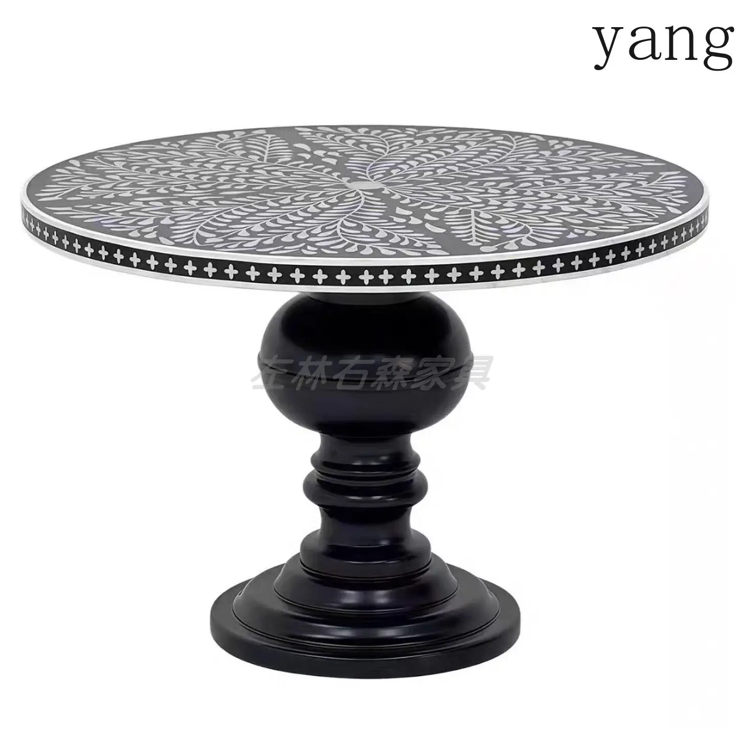 LHH retro round solid wood hand-painted dining table engraved decoration high-end home