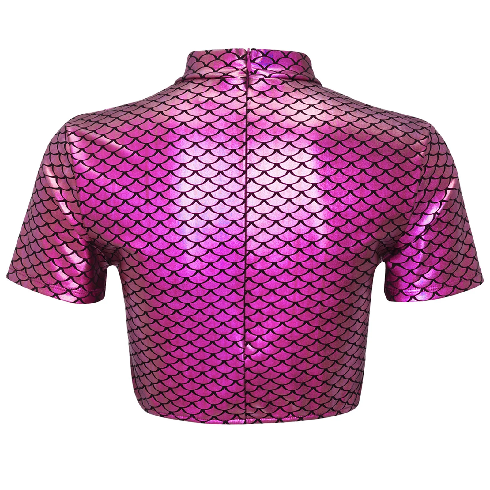 

Women Halloween Mermaid Fish Scale Print Crop Tops Metallic Cosplay Dress Up Short Sleeve Back Zipper Shirt for Themed Party