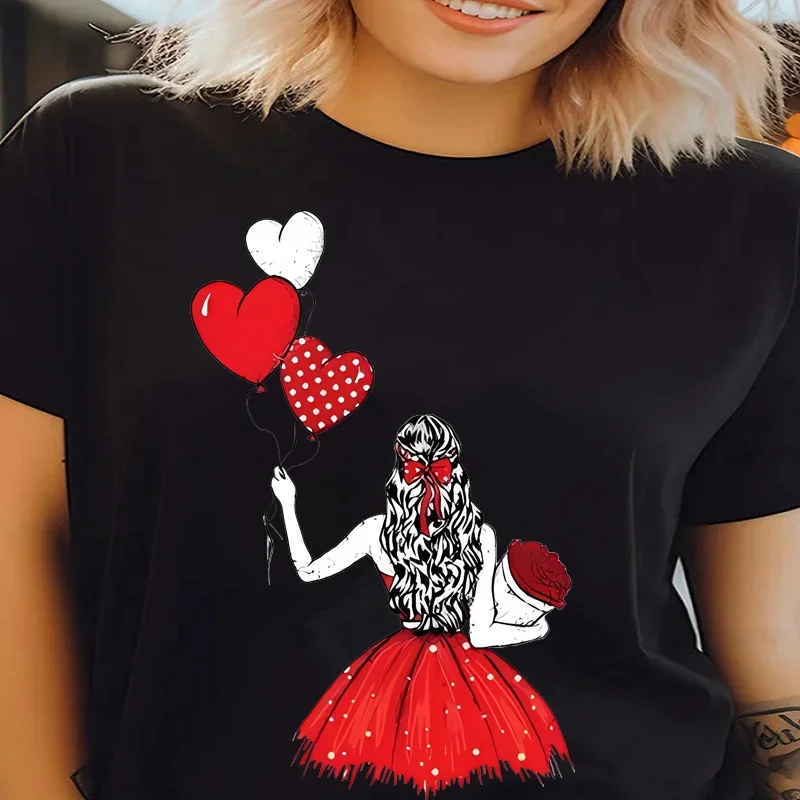 

Plus Size Women's Round Neck Fashion Short Sleeve T-shirt Woman Spring /summer Balloon Love Pullover Short Sleeve T-shirt