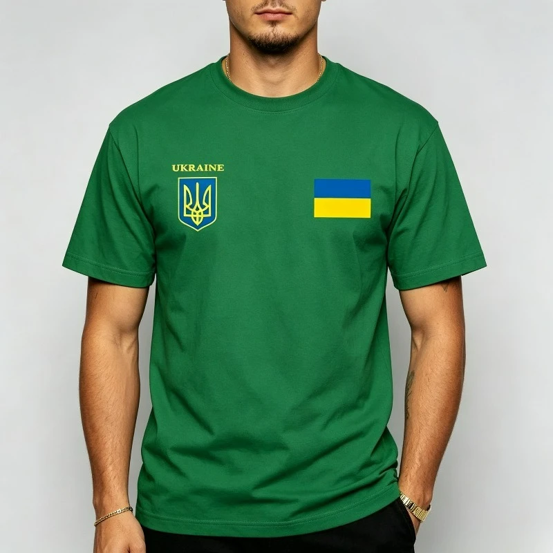UKRAINE Flag Trident Graphic T-Shirt 100% Cotton Crewneck Ukrainian Pride Support Front Print Tee