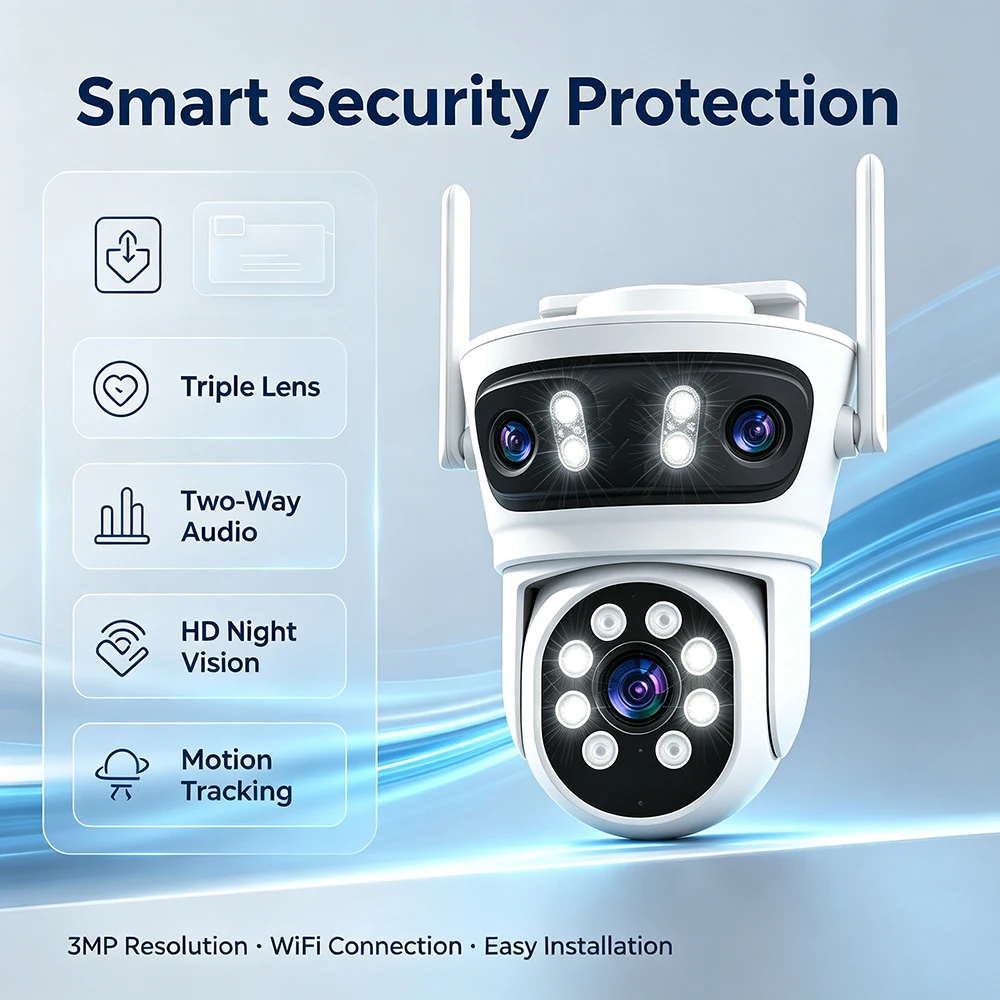 Tuya Outdoor WIFI Security Camera 3 lens Upgraded 3MP Night Vision Motion Detection IP66 Weatherproof  Two-Way Audio CCTV Camera