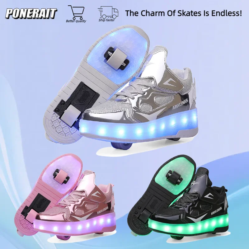 

New Children's 2 Wheel Double-Row Luminous Skates For Students Outdoor Wheeled Leisure Sports Roller Skates