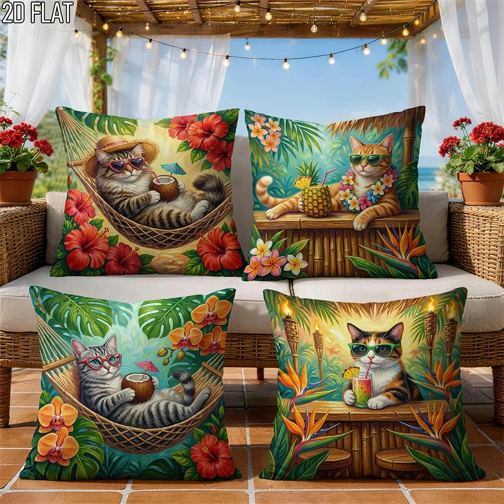 1/4pcs Tropical Vacation Cat Throw Pillow Covers Set of 4 Home Farmhouse Outdoor Decoration Cushion Cover