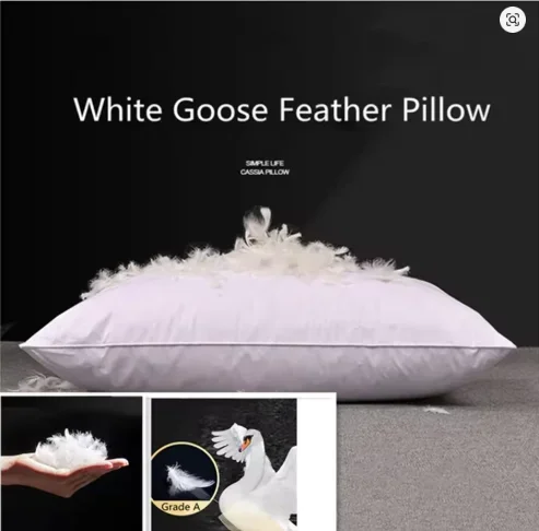 Luxury White Goose Feather Pillow 5-Star Hotel Quality Orthopedic Support 48x74cm Soft & Breathable Sleep Pillow for Single Bed