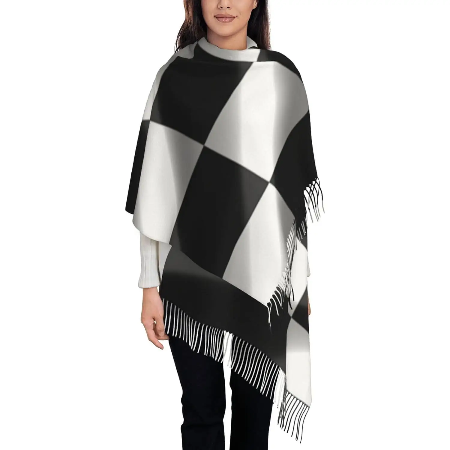 

Black White Race Checkered Flag printed Tassel Scarf Warm Scarf Shawl Fringe Scarf Gift Women Spring Fall Winter