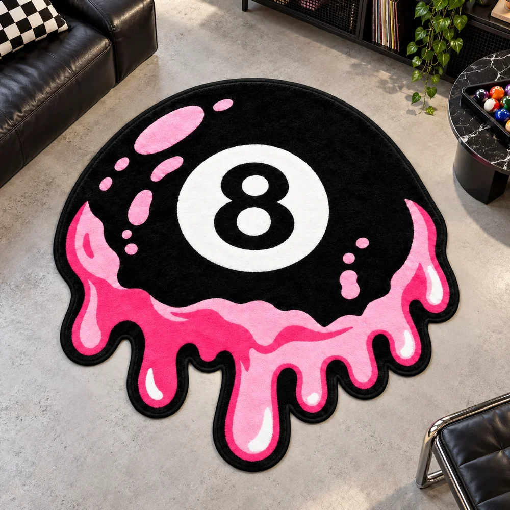 Dripping 8 Ball Shaped Flannel Floor Mat Retro Novelty Rug for Game Room Bedroom Living Room Entryway Home Decor Gift Unique