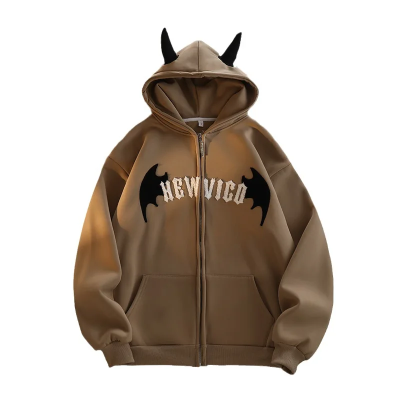 Hip Hop Gothic Bat Wing Devil Horn Gothic Zip Up Hoodie Jacket Women Oversized Sweatshirt Kawaii Clothes Harajuku Winter Y2K