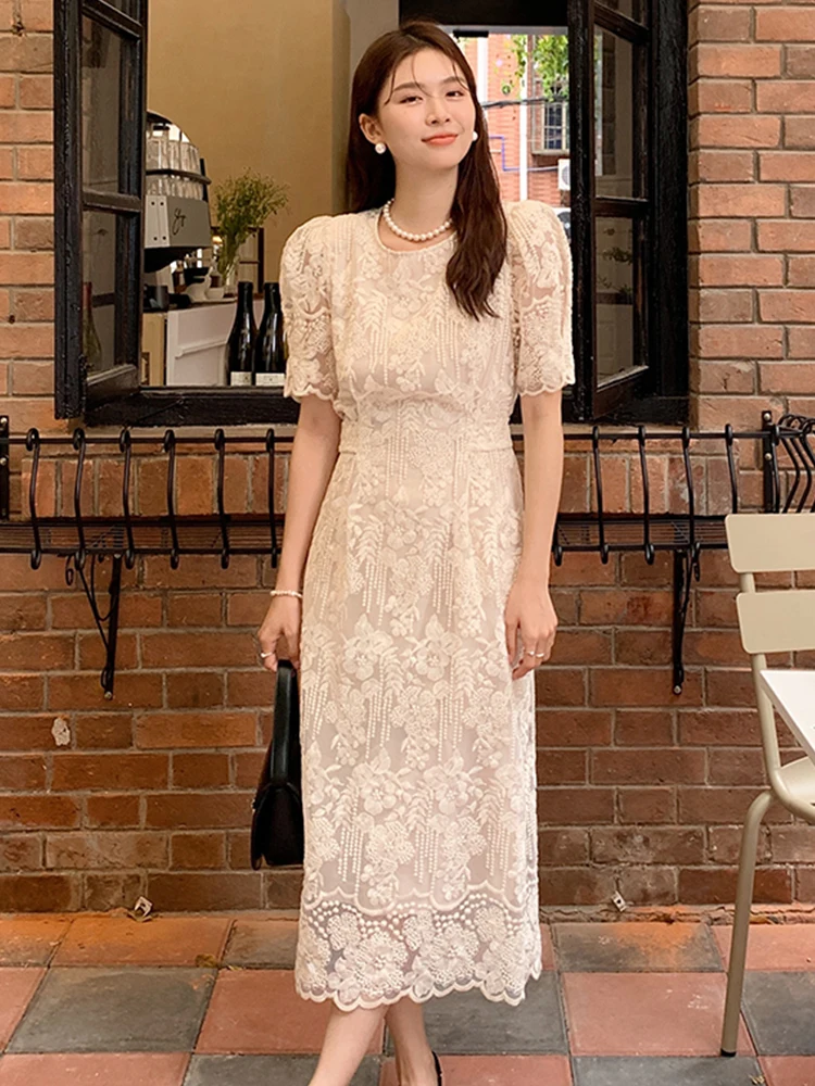 Elegant Kawaii ชุดยาวผู้หญิงสวย Retro SHEER ลูกไม้เย็บปักถักร้อยแขนฟองผ้าพันคอ MIDI Robe วันที่ Vestidos วันหยุดเสื้อผ้า