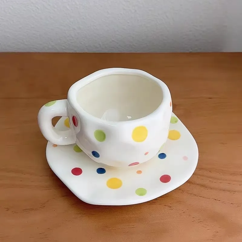 Stars Polka Dots Coffee Cup Dish Set 2026 New 250ml High Aesthetic Handle Ceramic Mugs for Women Afternoon Tea Dessert Dish