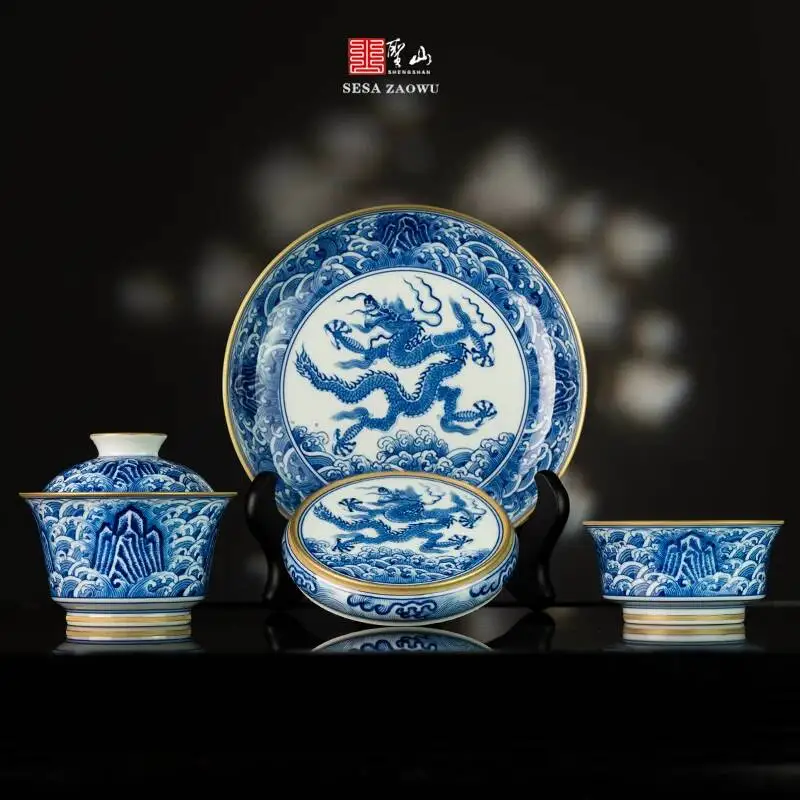 Holy Mountain Jingdezhen Hand-Painted Blue And White Jiangya Seawater Minglong Set Cover Bowl Chinese Handmade Ceramic Tea Cup