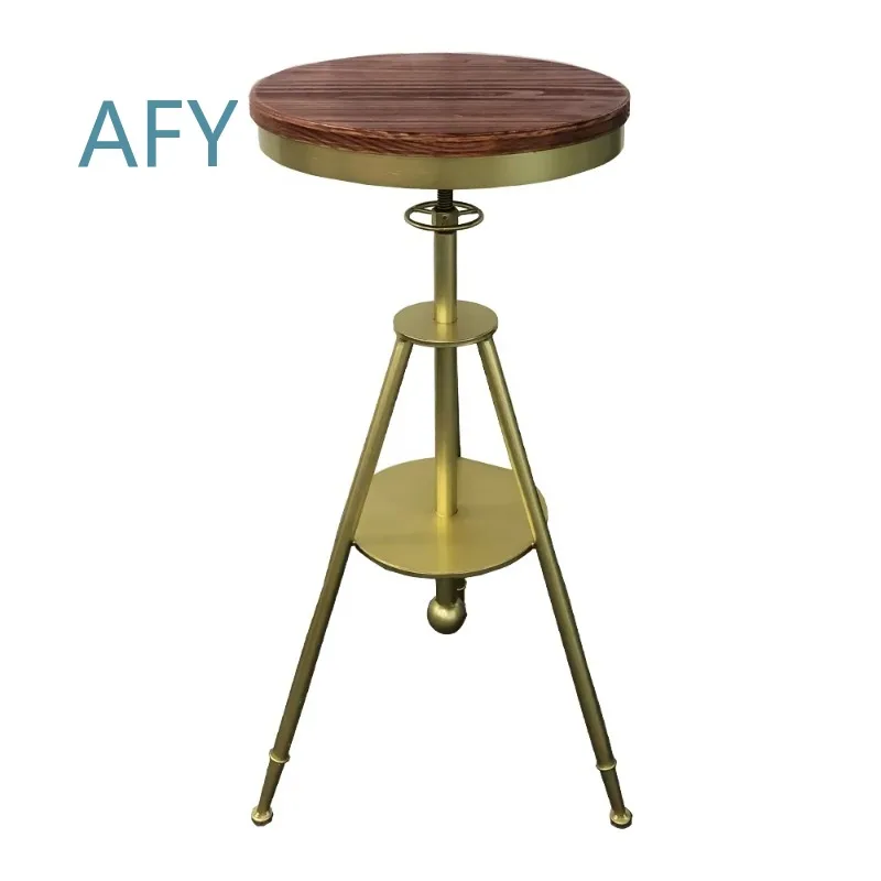 Vintage Height Adjustable Industrial Round Dining Table for Kitchen Outdoor Bar Use with Steel Frame Wooden Top Metal Legs