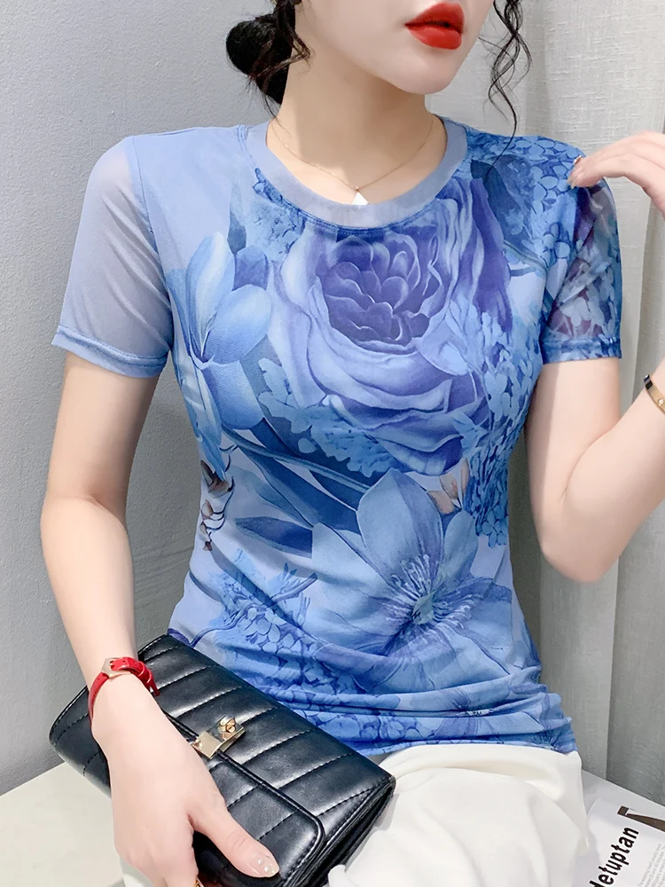 패셔너블 미 티셔츠 여성용 라운드넥 슬리밍 뷰티풀 프린트 탑 여름용 한국 스타일