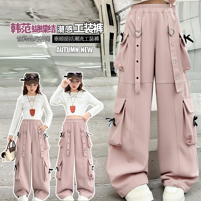 

Весна и осень 2024 года, широкие брюки с розовым бантом и карманами для детей 7-15 лет, специально рекомендуется, свободный повседневный тренд в стиле хип-хоп