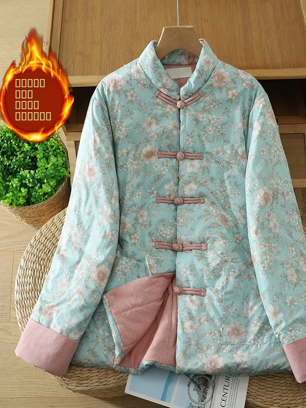 

Thiened Floral Cotton Jaet Women's Casual Warm Coat Vintage Button up Loose Fit Autumn Winter New Sle Cotton Clothing