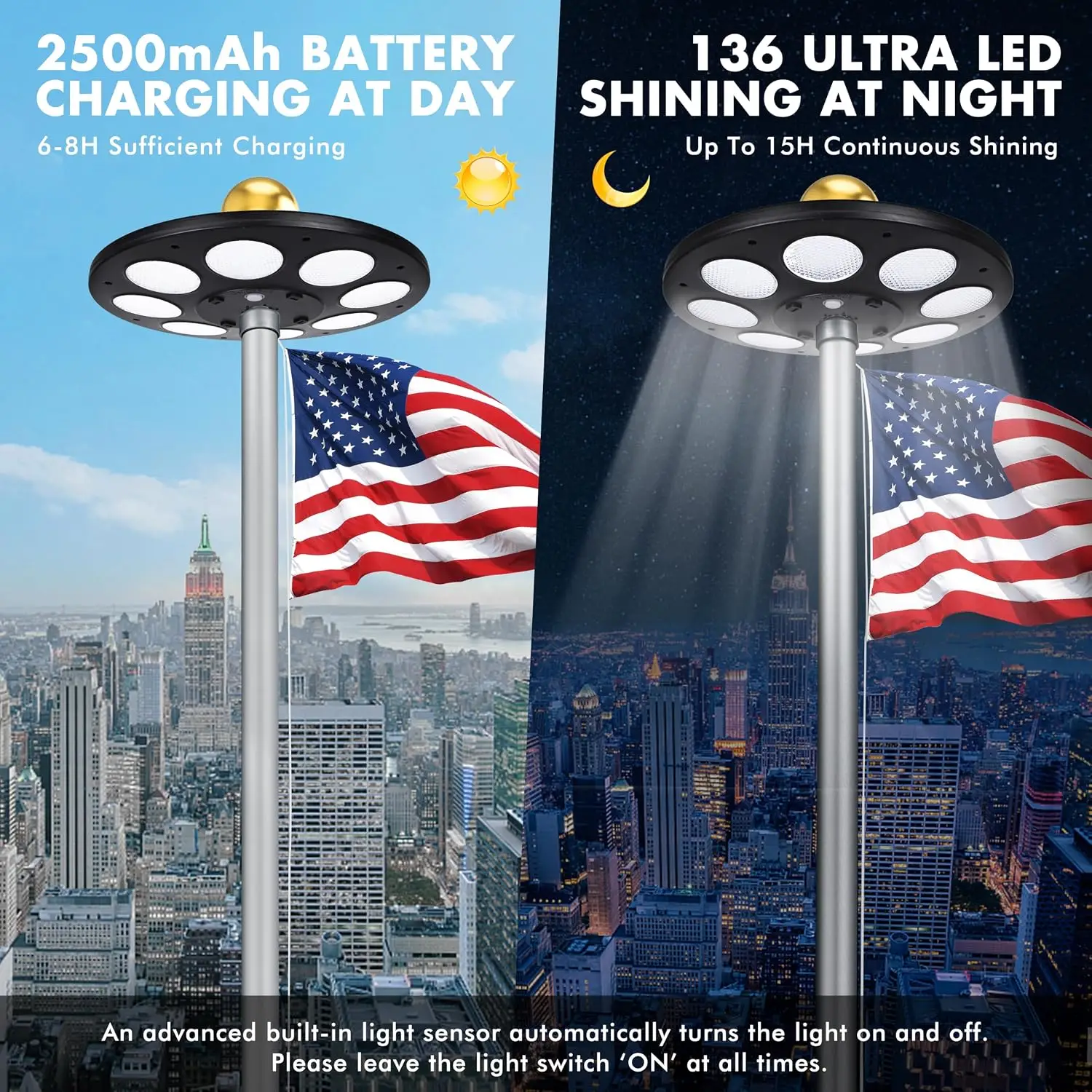 136 LED Flag Pole Light Solar Powered, 15-25 Ft, 12+ Hours from Dusk to Dawn Auto On/Off