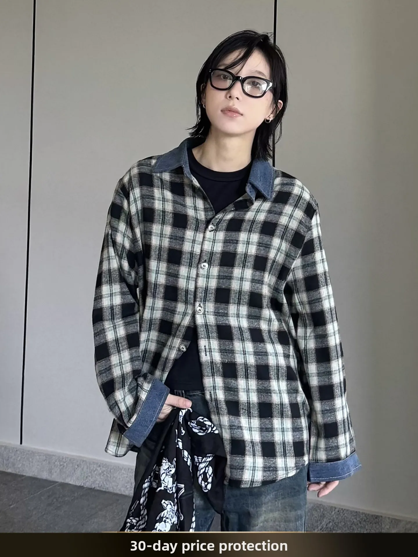 

American Retro Plaid Color Blo Denim Collar Men's irt Autumn Couple Sle Workwear irt Coat Loose Fit Youth Trend Cotto...