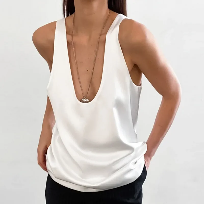 

Fashion Loose Women White Satin Tank Tops Vest 2025 Summer Sexy U-Neck Sleeveless Casual Black Solid Holiday Party Streetwear