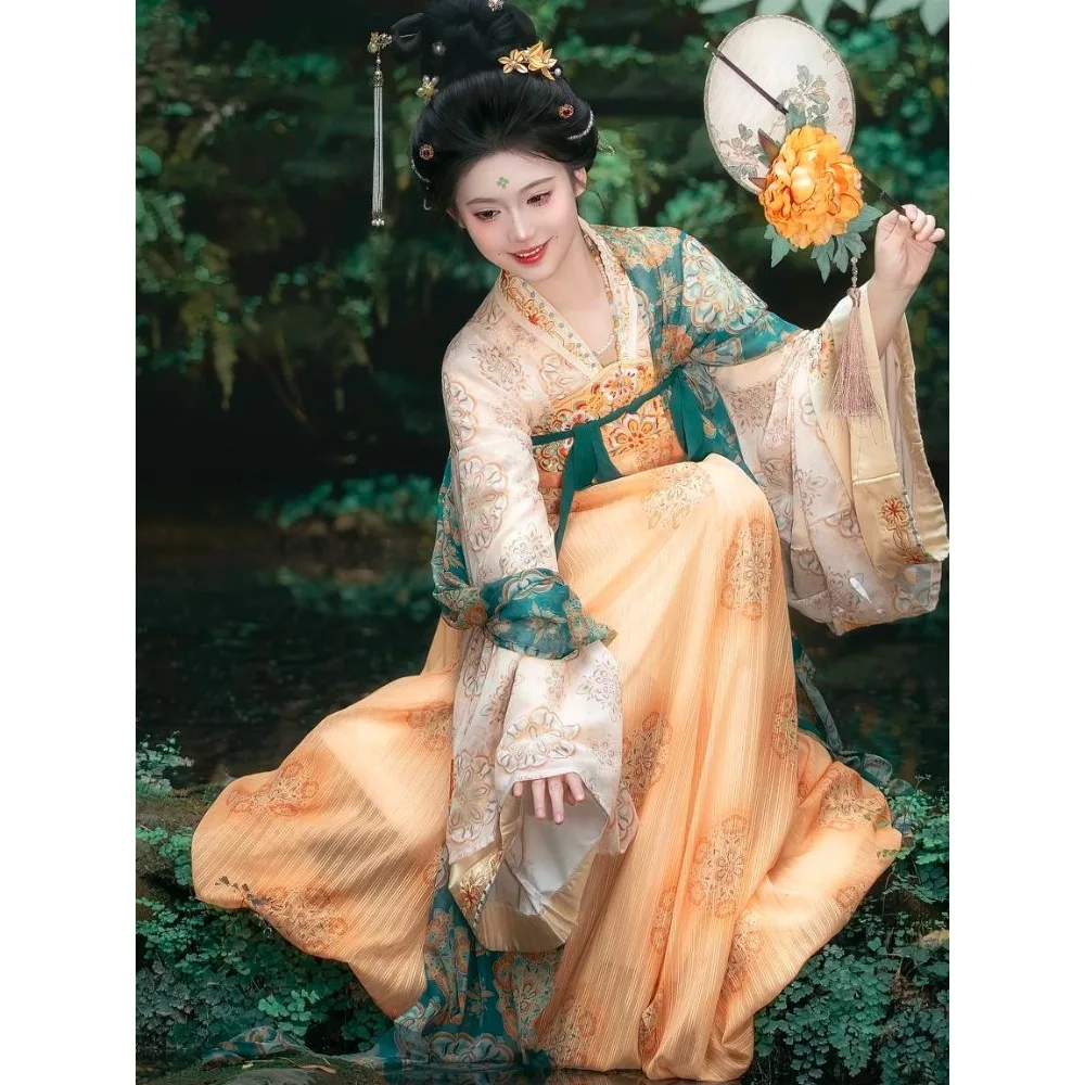 

Женский комплект Ханьфу в придворном стиле, цельный комплект в стиле Сяо Тан с вышивкой и юбкой до груди.