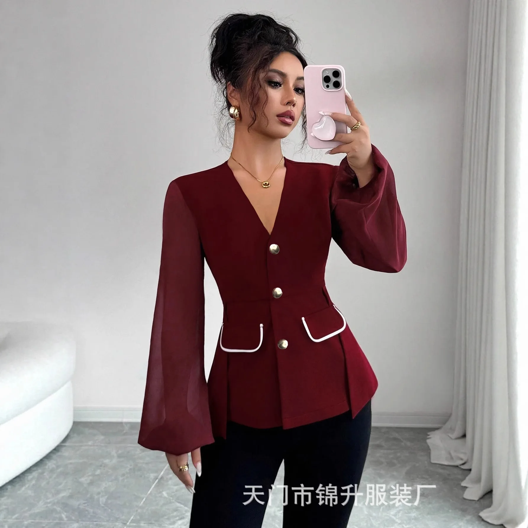 

Women's Fashionable V-neck Chiffon Blazer With Puff Sleeves And Slimming Waist Design Beach Vestidos