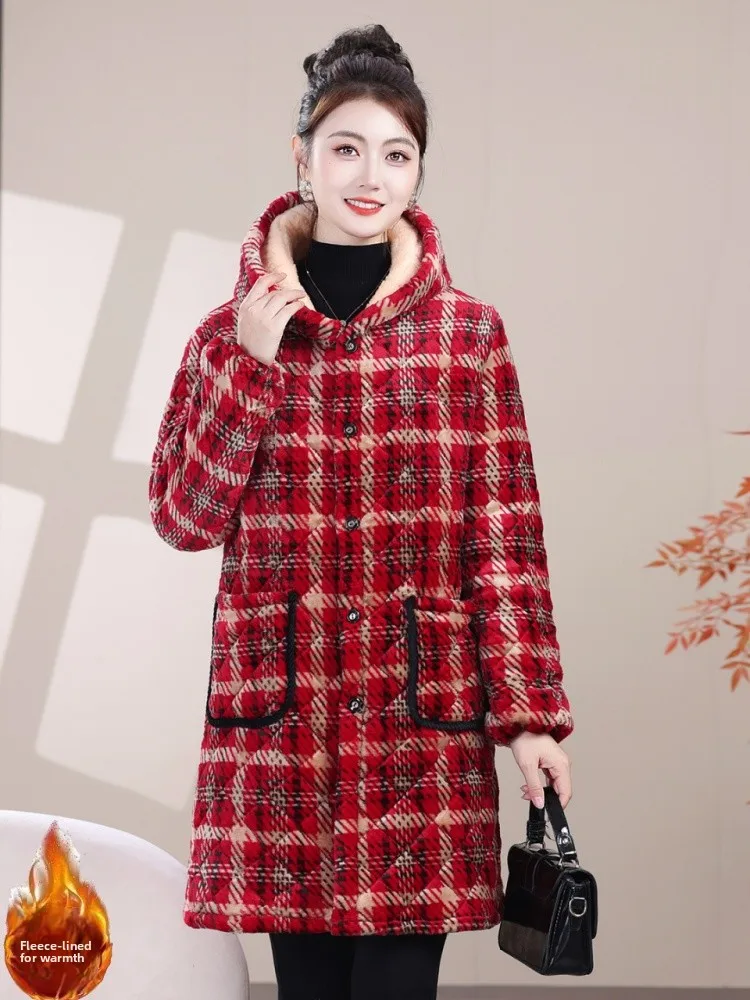 

Теплая хлопковая куртка на флисовой подкладке с принтом для женщин среднего возраста, утепленное пальто средней длины с капюшоном, повседневная верхняя одежда